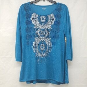 Tunic T-shirt grapic hi lo Turquoise blue Silver Blk Tribal Print Long Sleeve